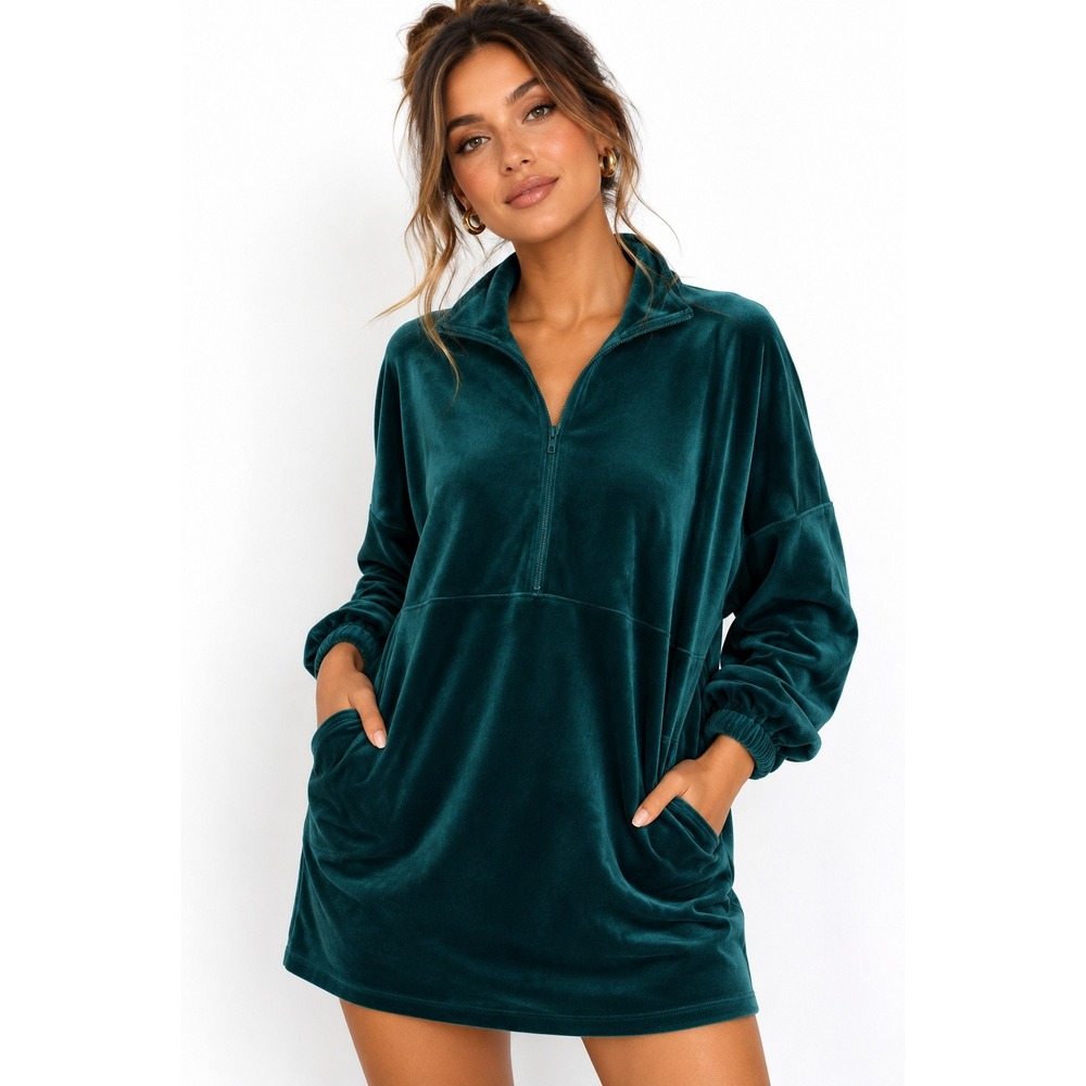 Saturday Sundayโ Anthropologie Teal Green Velour Quarter Zip Tunic Pullover XS